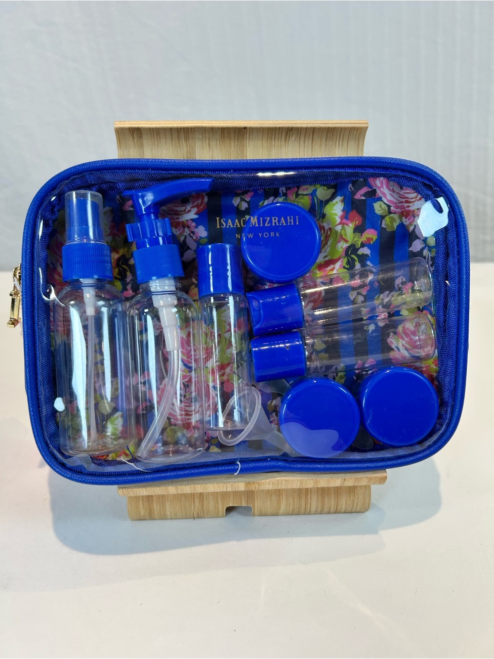 Isaac Mizrahi NWT 11pc Blue Floral Refillable Travel Bottles Set TSA approved